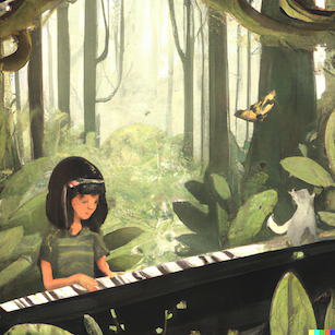 Une illustration d'un piano dans une forêt